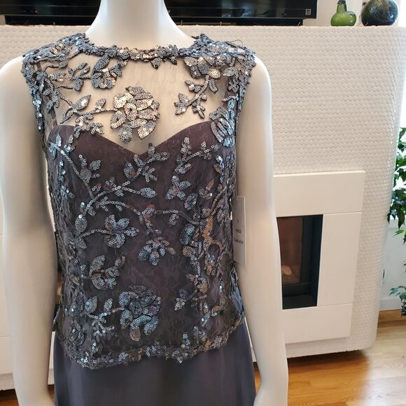 NWT 2 Pc Tahari Sequin Bodice Cocktail Dress +Cape Size 6 Pewter Gray Evening - Picture 3 of 7